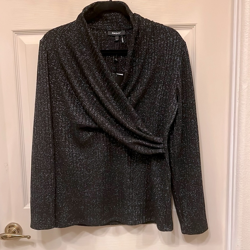 DKNY Black with Silver Metallic Threads Faux Wrap Sweater XL NWT